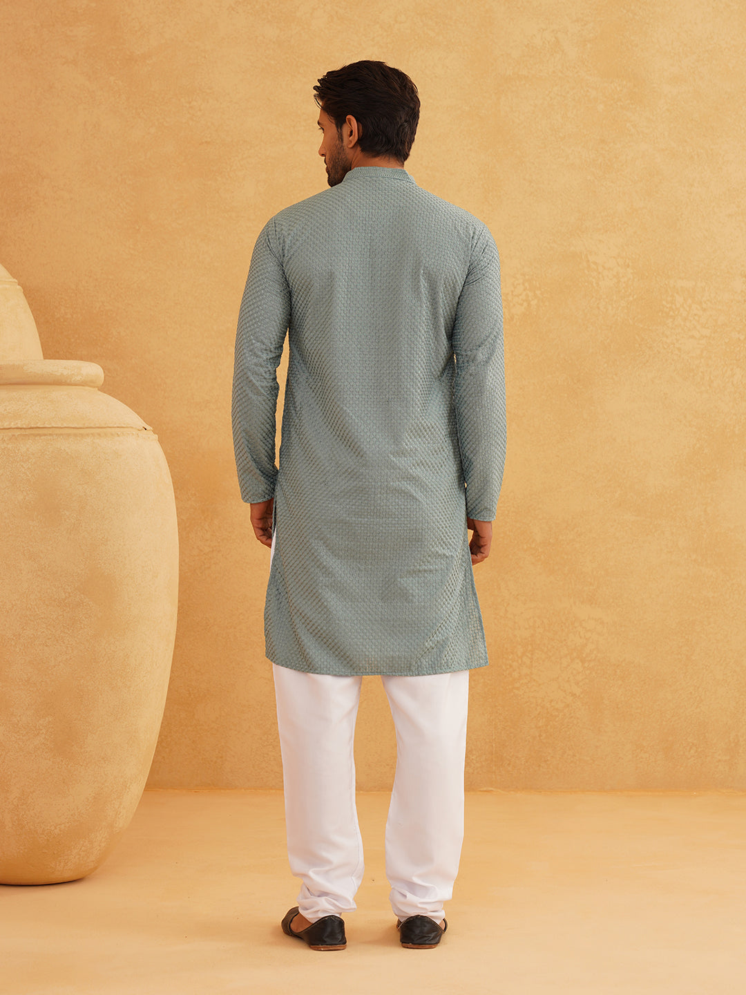 Men's Thread Work Cotton Straight Sea Green Kurta With white churidar