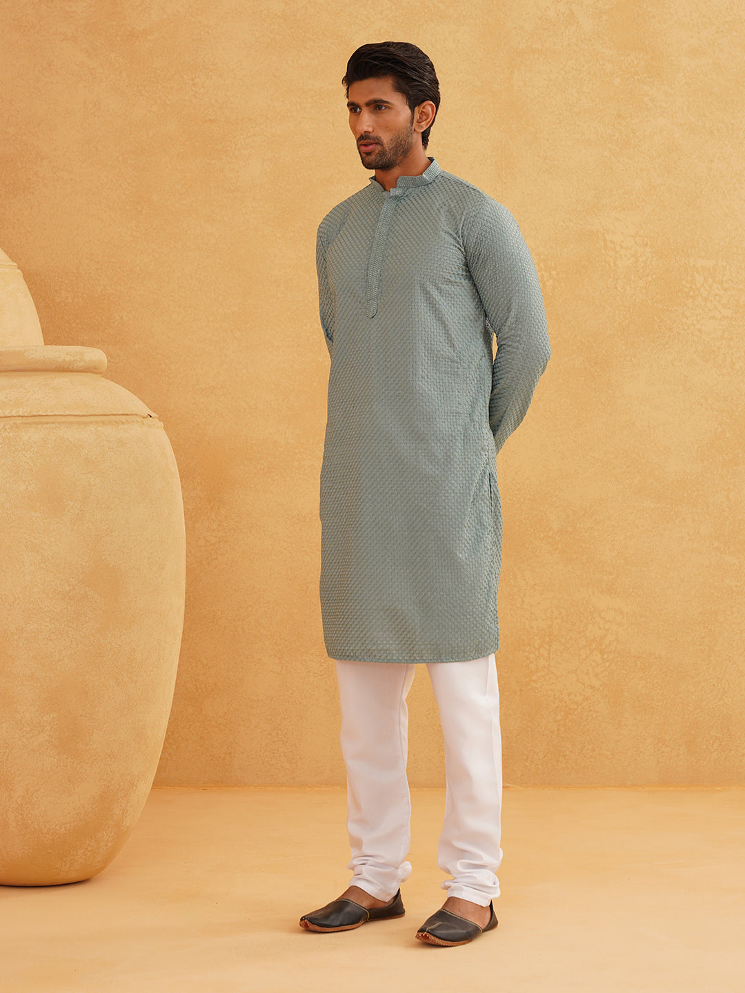 Men's Thread Work Cotton Straight Sea Green Kurta With white churidar