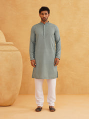 Men's Thread Work Cotton Straight Sea Green Kurta With white churidar