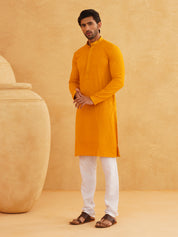 Men's Thread Work Cotton Straight Mustard Kurta With white churidar