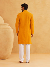 Men's Thread Work Cotton Straight Mustard Kurta With white churidar