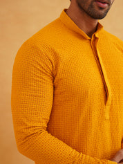 Men's Thread Work Cotton Straight Mustard Kurta With white churidar