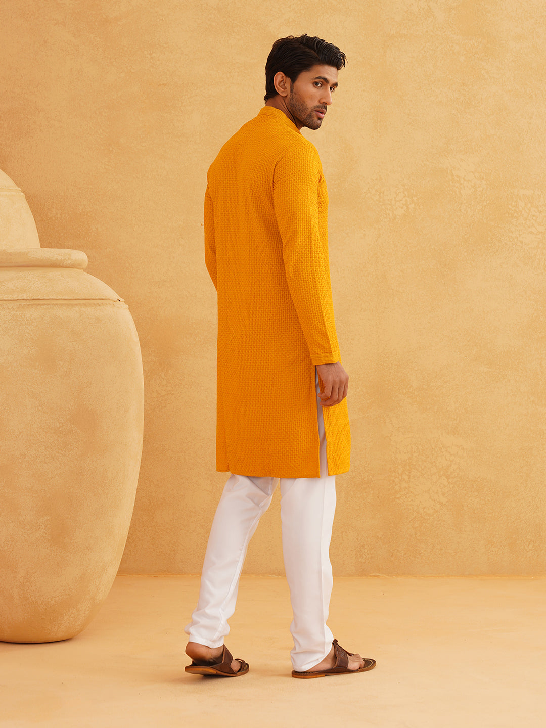 Men's Thread Work Cotton Straight Mustard Kurta With white churidar