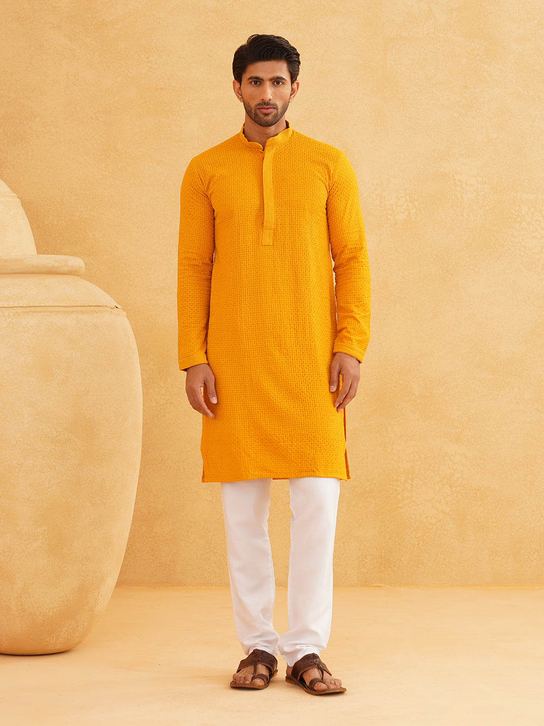 Men's Thread Work Cotton Straight Mustard Kurta With white churidar