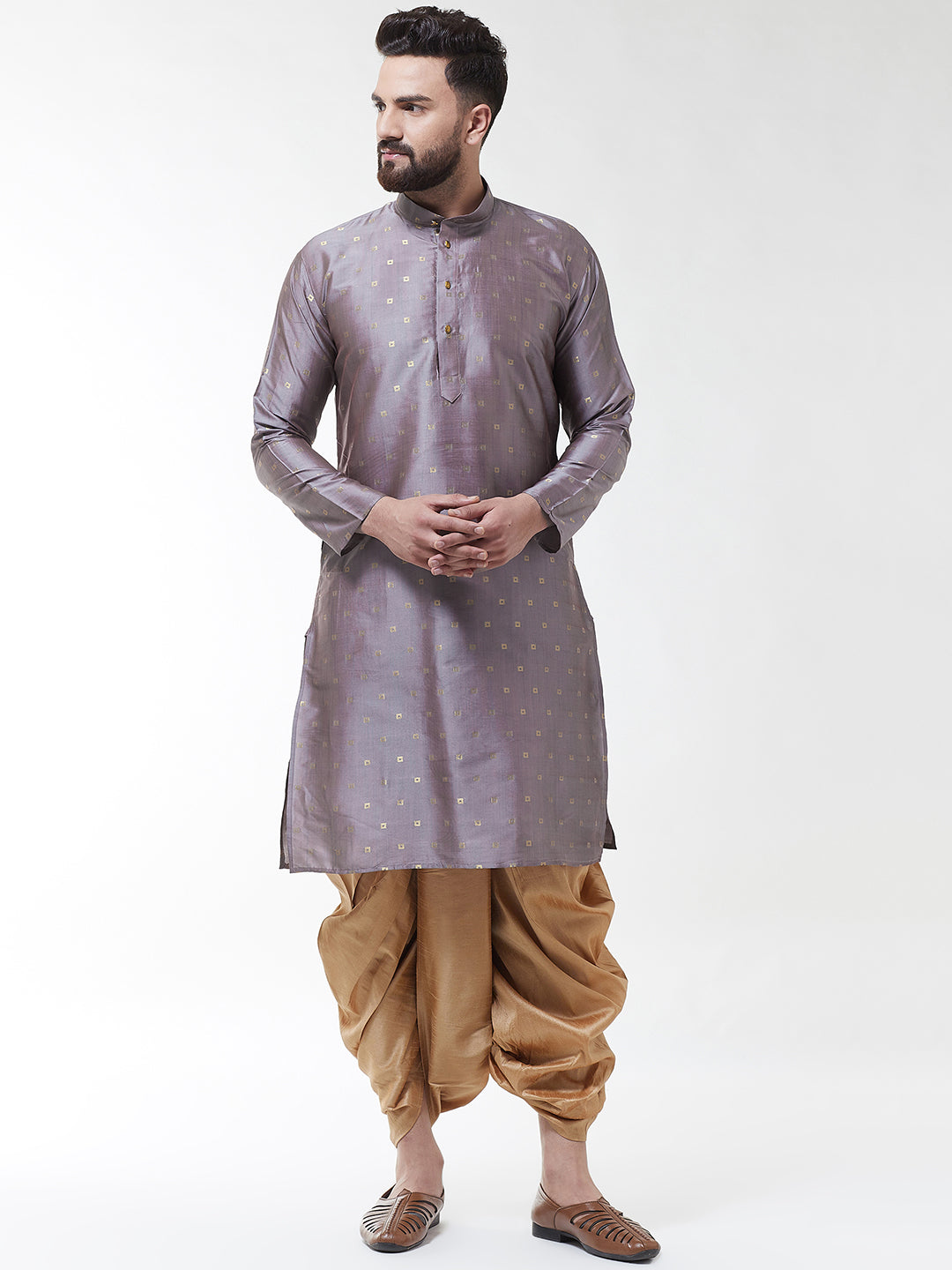 Men Grey  Gold-Coloured Self Design Kurta with Dhoti Set