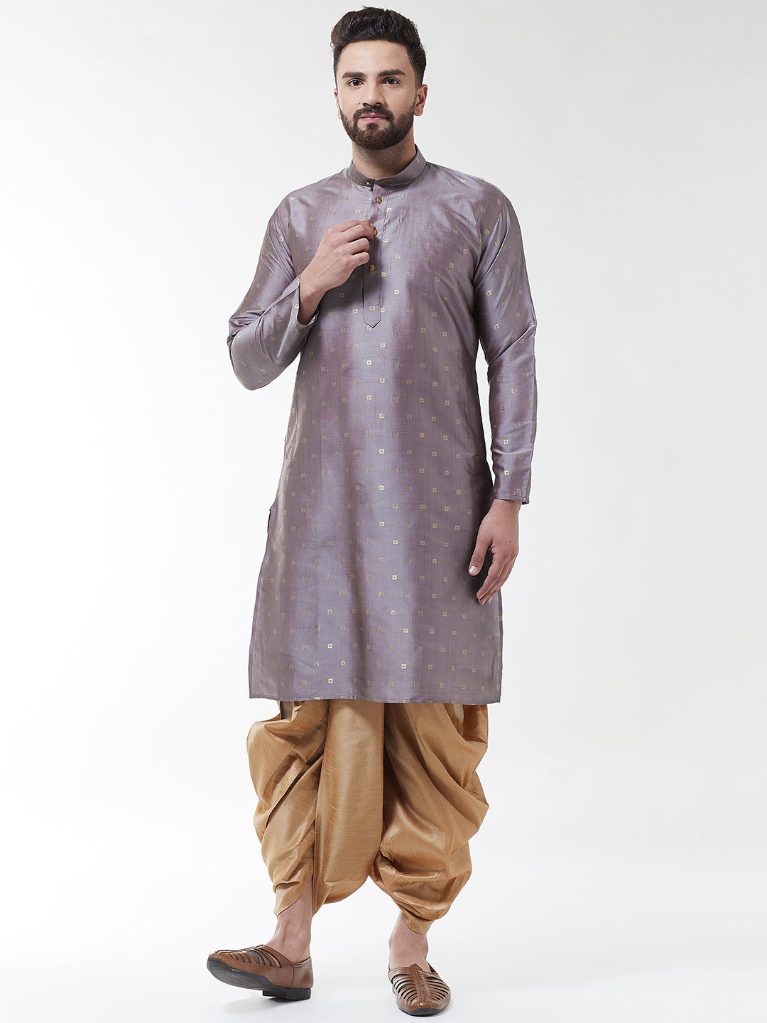 Men Grey  Gold-Coloured Self Design Kurta with Dhoti Set