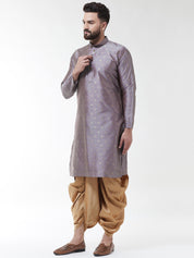 Men Grey  Gold-Coloured Self Design Kurta with Dhoti Set