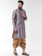 Men Grey  Gold-Coloured Self Design Kurta with Dhoti Set