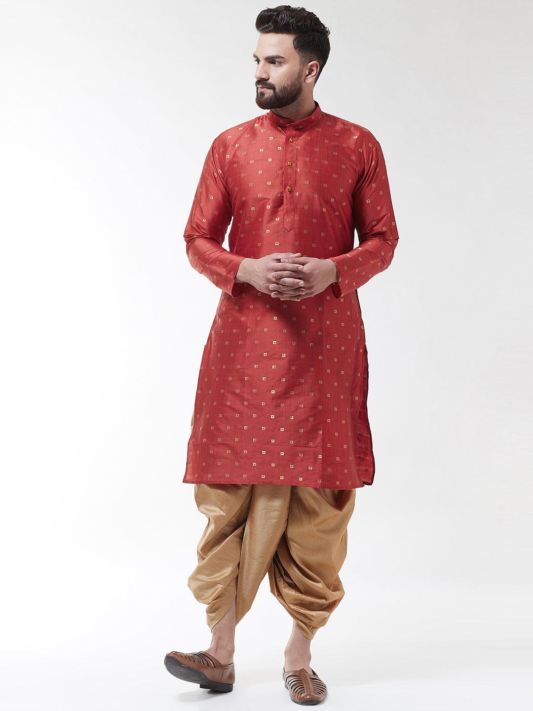 Men's Maroon Silk Blend Kurta & Gold Dhoti set