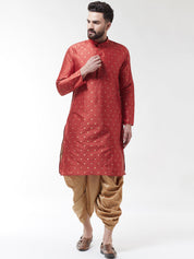 Men's Maroon Silk Blend Kurta & Gold Dhoti set