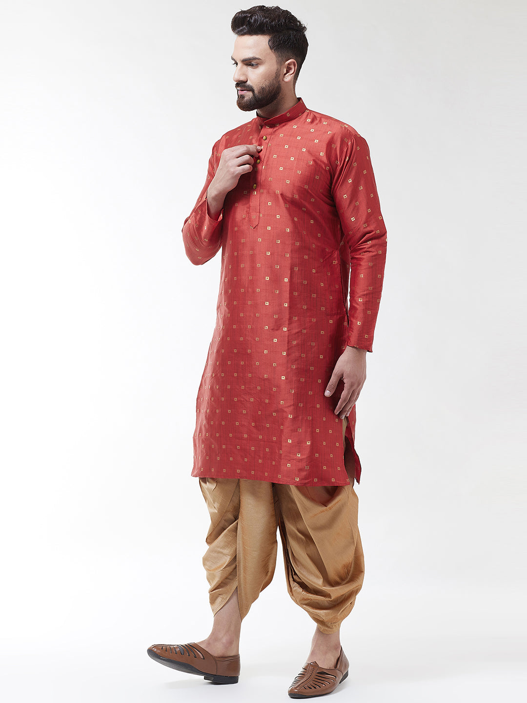 Men's Maroon Silk Blend Kurta & Gold Dhoti set