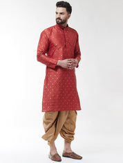 Men's Maroon Silk Blend Kurta & Gold Dhoti set