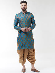 Men Teal Blue  Gold-Coloured Self Design Kurta with Dhoti set