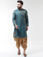 Men Teal Blue  Gold-Coloured Self Design Kurta with Dhoti set