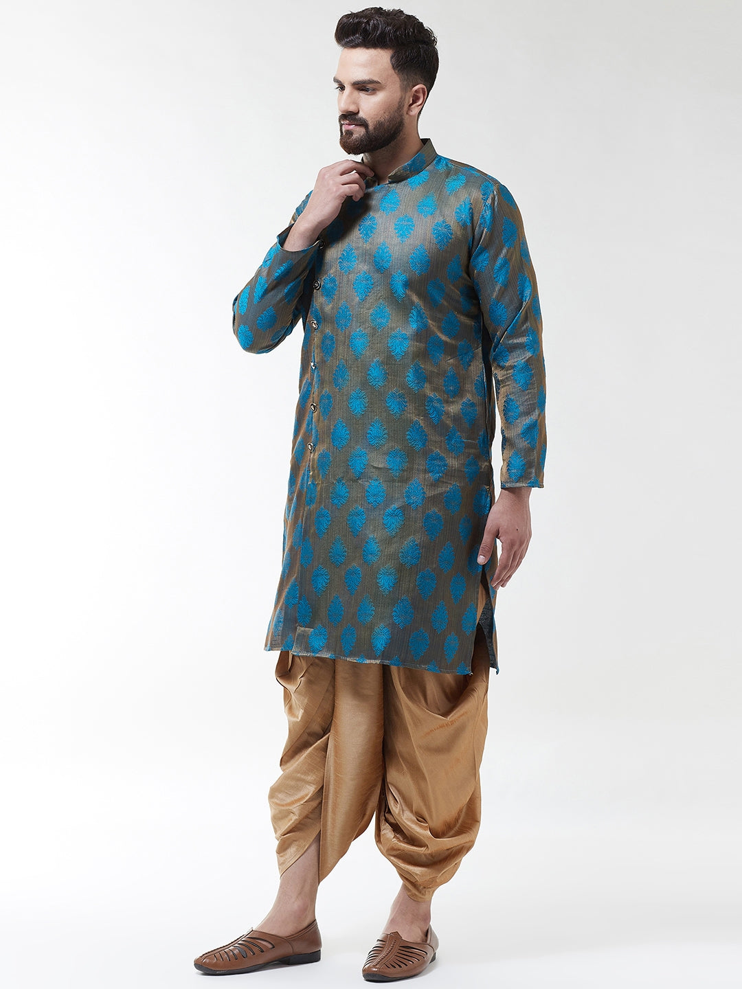 Men Teal Blue  Gold-Coloured Self Design Kurta with Dhoti set