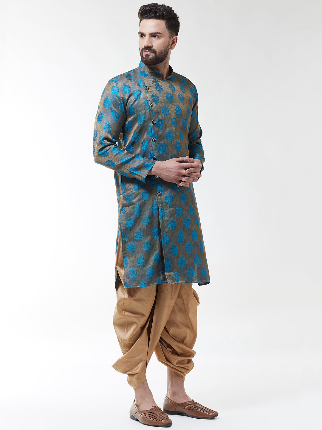 Men Teal Blue  Gold-Coloured Self Design Kurta with Dhoti set