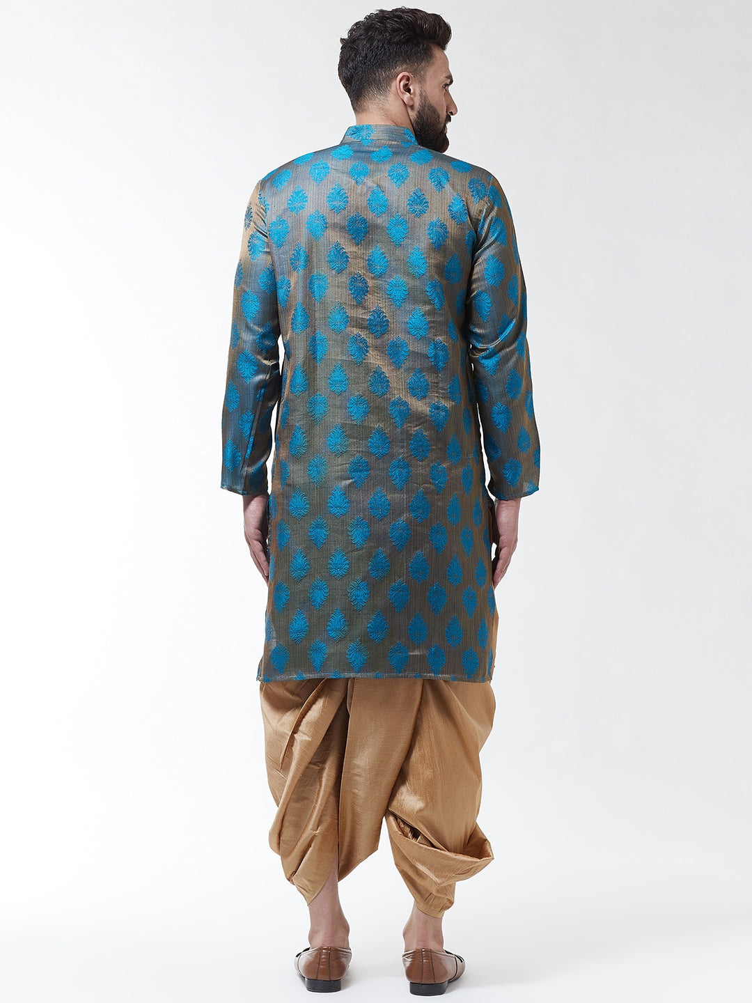 Men Teal Blue  Gold-Coloured Self Design Kurta with Dhoti set