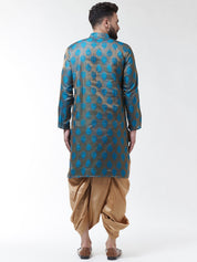 Men Teal Blue  Gold-Coloured Self Design Kurta with Dhoti set