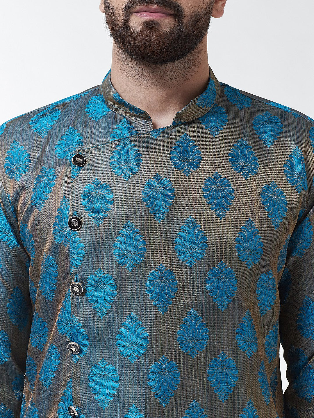 Men Teal Blue  Gold-Coloured Self Design Kurta with Dhoti set