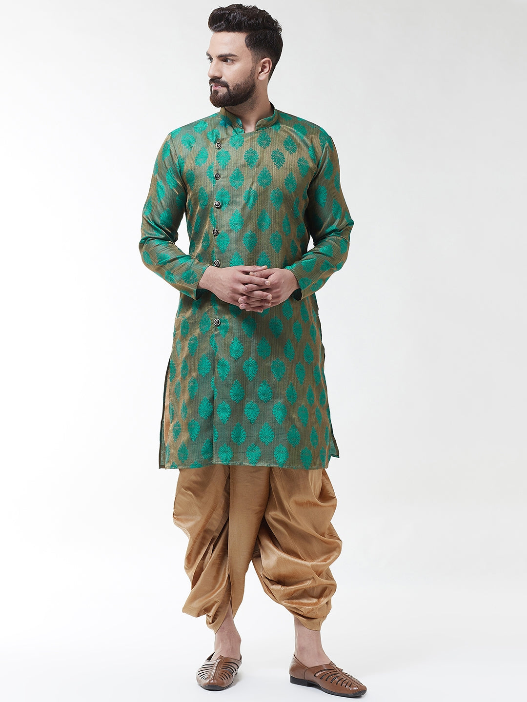 Men Dark Green Gold-Coloured Self Design Kurta with Dhoti set