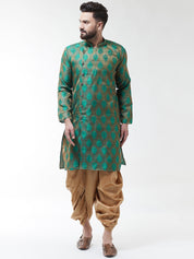 Men Dark Green Gold-Coloured Self Design Kurta with Dhoti set