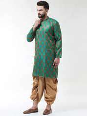 Men Dark Green Gold-Coloured Self Design Kurta with Dhoti set