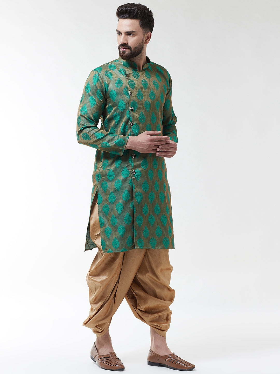 Men Dark Green Gold-Coloured Self Design Kurta with Dhoti set