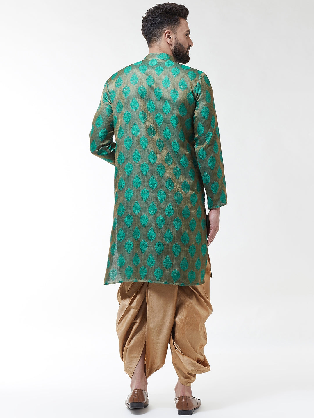 Men Dark Green Gold-Coloured Self Design Kurta with Dhoti set