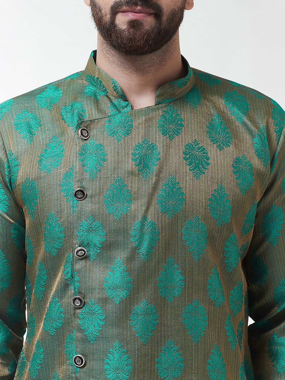 Men Dark Green Gold-Coloured Self Design Kurta with Dhoti set