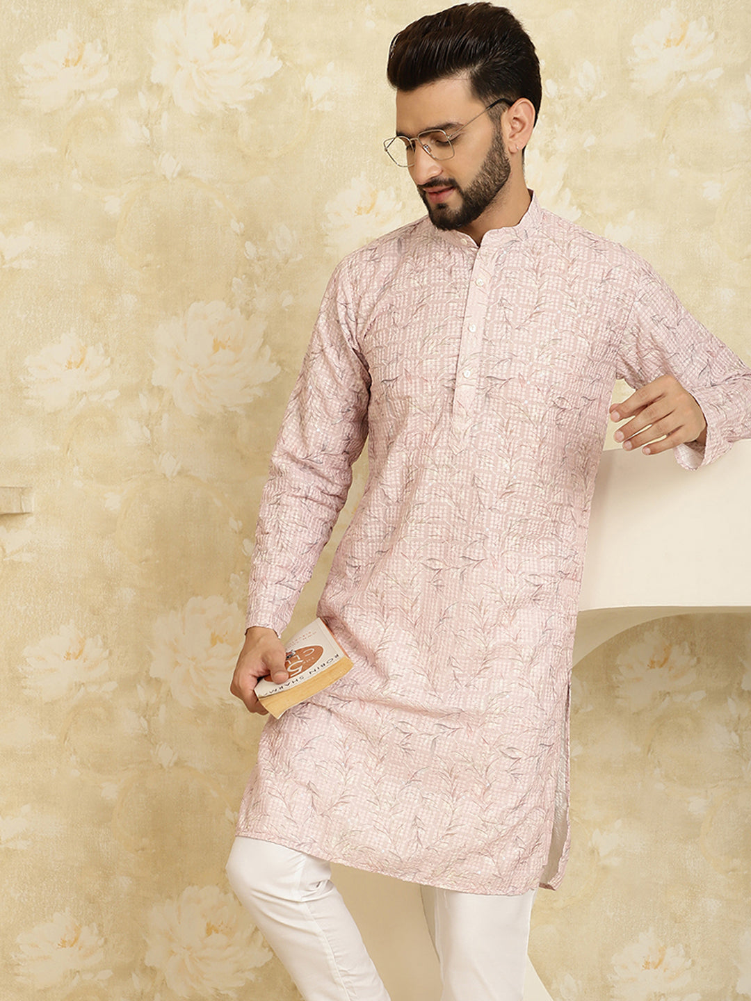 Men's Cotton Embroidered Printed Pink Color ONLY Long Kurta