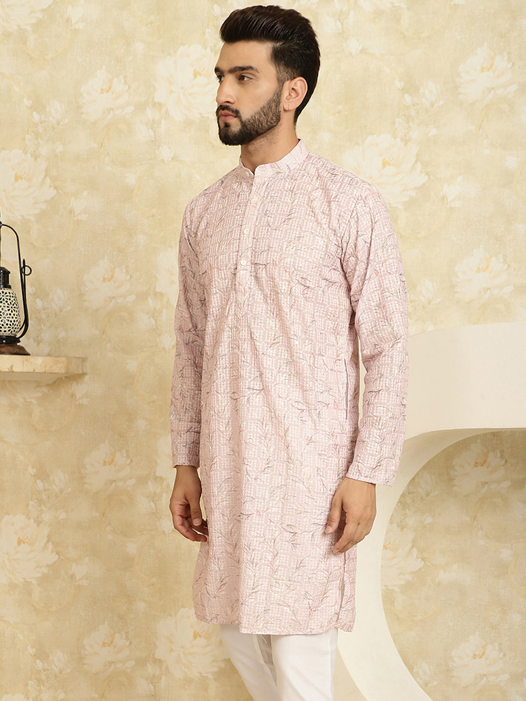 Men's Cotton Embroidered Printed Pink Color ONLY Long Kurta