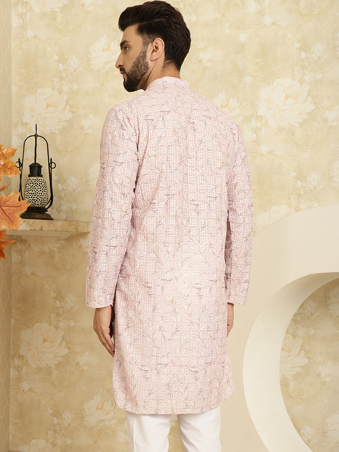 Men's Cotton Embroidered Printed Pink Color ONLY Long Kurta