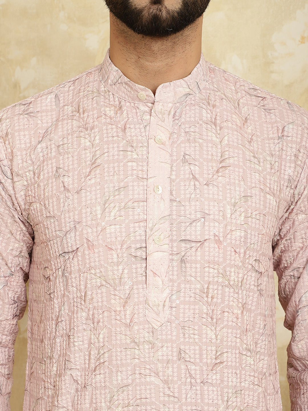 Men's Cotton Embroidered Printed Pink Color ONLY Long Kurta