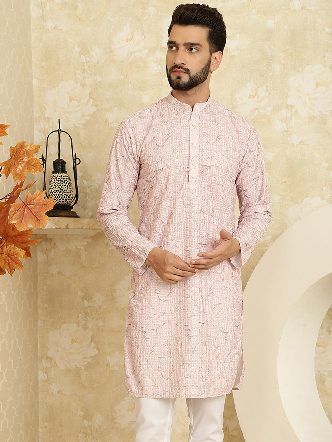 Men's Cotton Embroidered Printed Pink Color ONLY Long Kurta