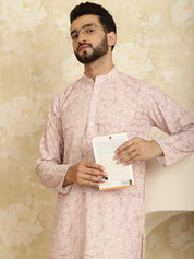 Men's Cotton Embroidered Printed Pink Color ONLY Long Kurta