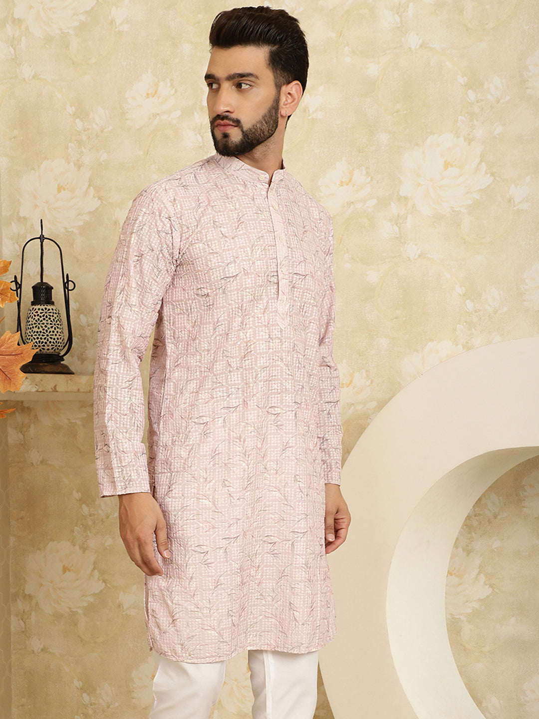 Men's Cotton Embroidered Printed Pink Color ONLY Long Kurta