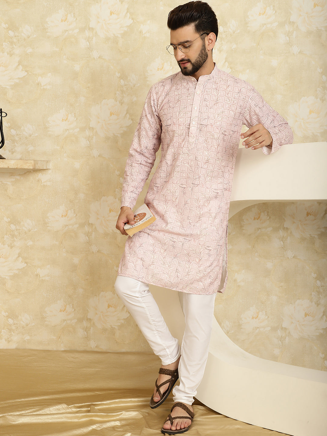 Men's Cotton Embroidered Printed Pink Kurta With white Pyjama