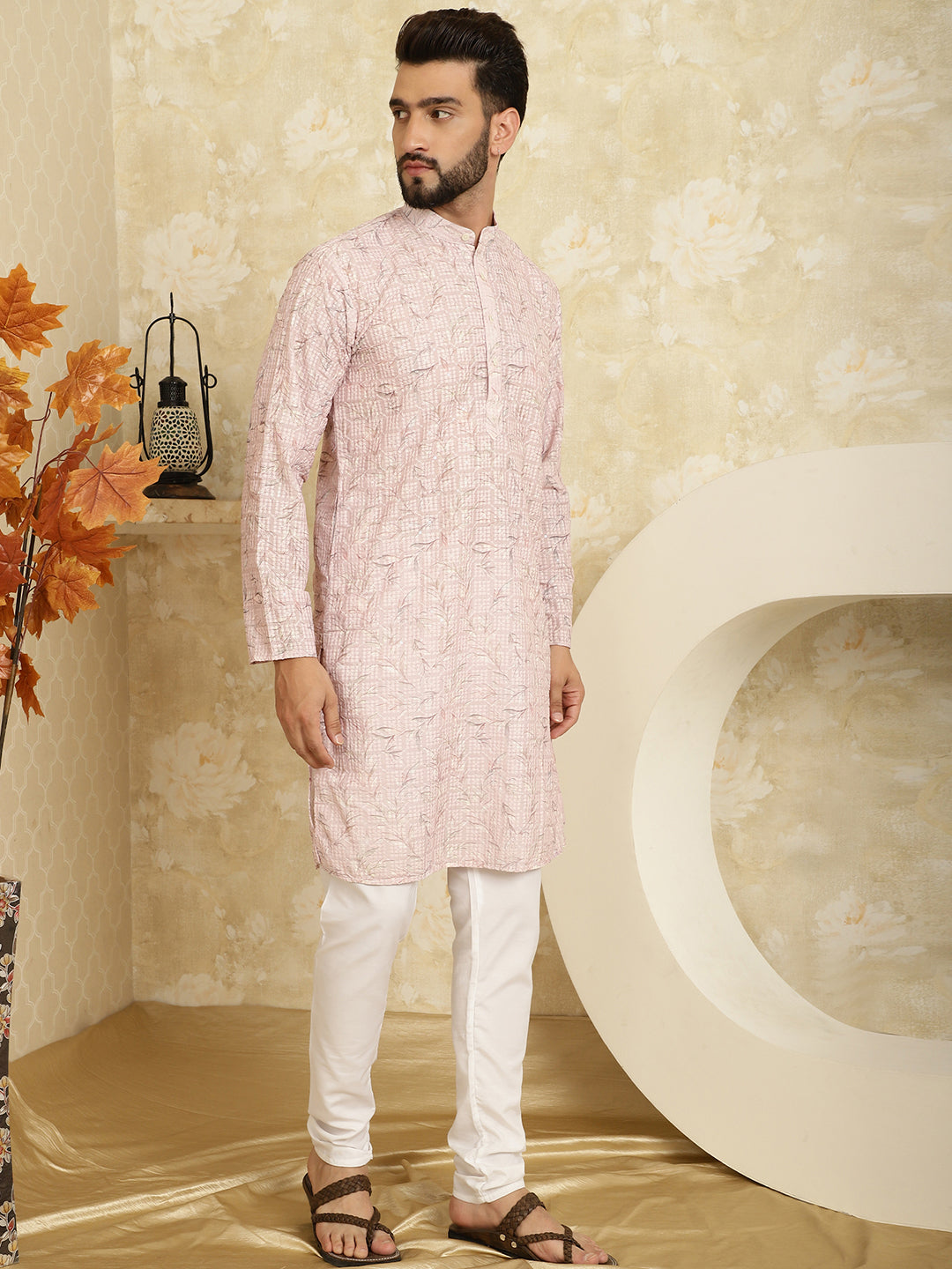 Men's Cotton Embroidered Printed Pink Kurta With white Pyjama