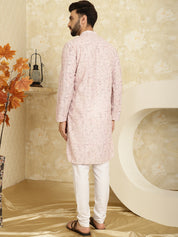 Men's Cotton Embroidered Printed Pink Kurta With white Pyjama