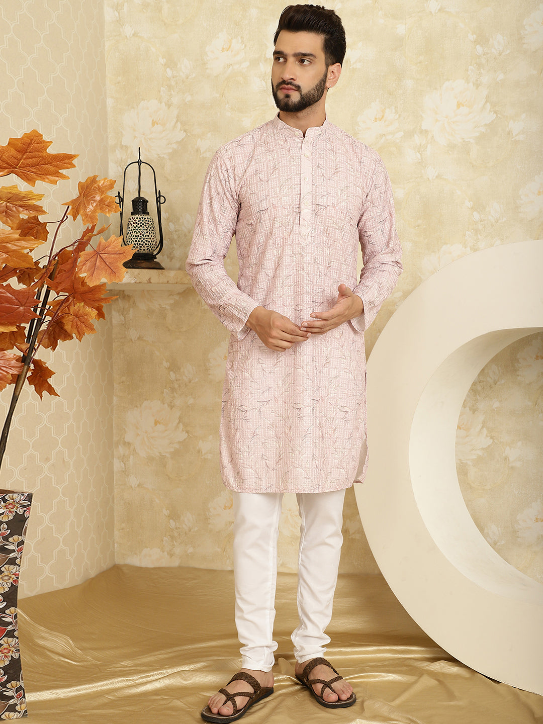 Men's Cotton Embroidered Printed Pink Kurta With white Pyjama