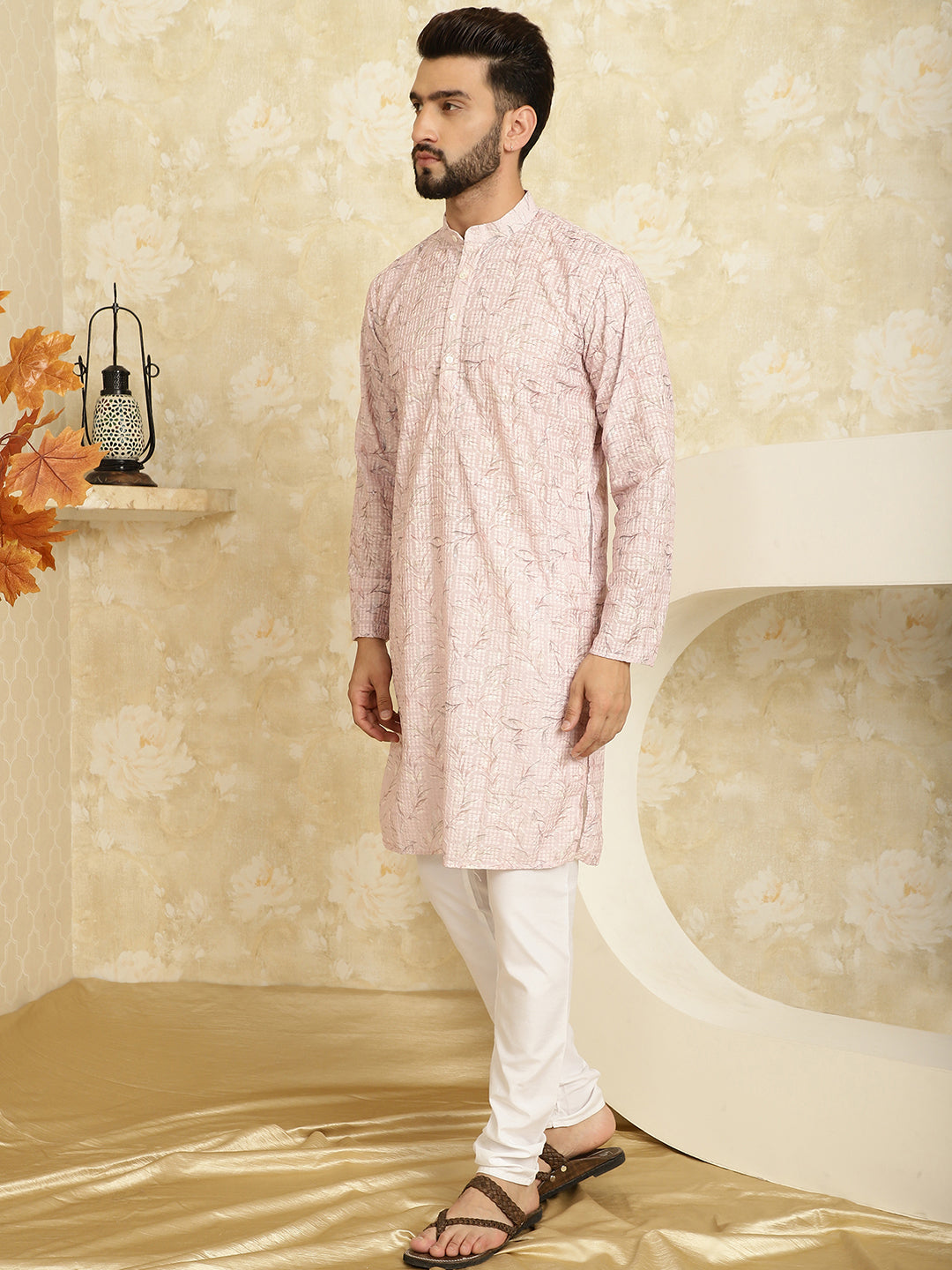 Men's Cotton Embroidered Printed Pink Kurta With white Pyjama