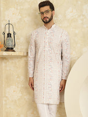 Men's Cotton Embroidered Printed White Color ONLY Long Kurta