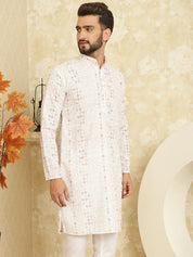 Men's Cotton Embroidered Printed White Color ONLY Long Kurta