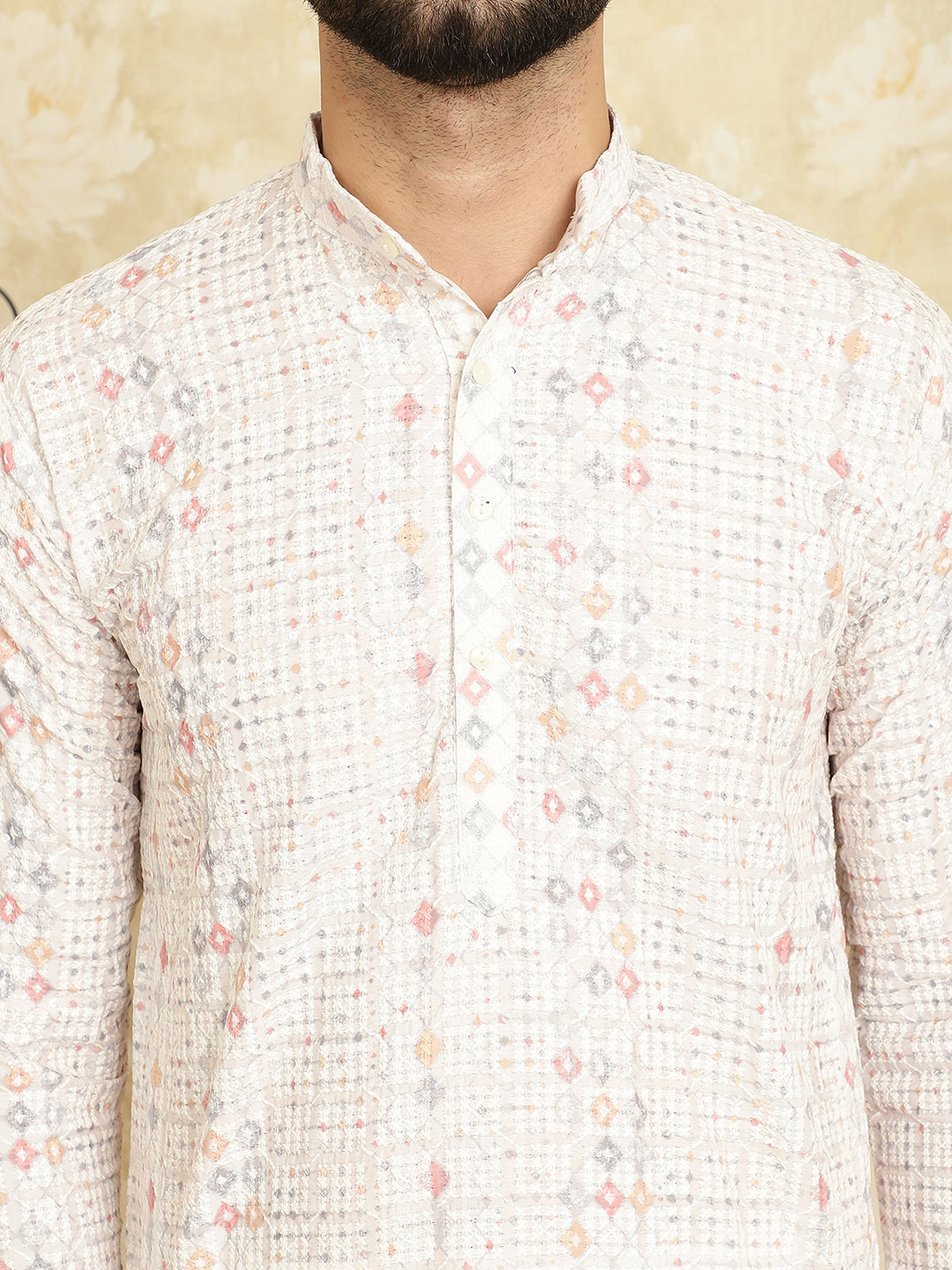 Men's Cotton Embroidered Printed White Color ONLY Long Kurta