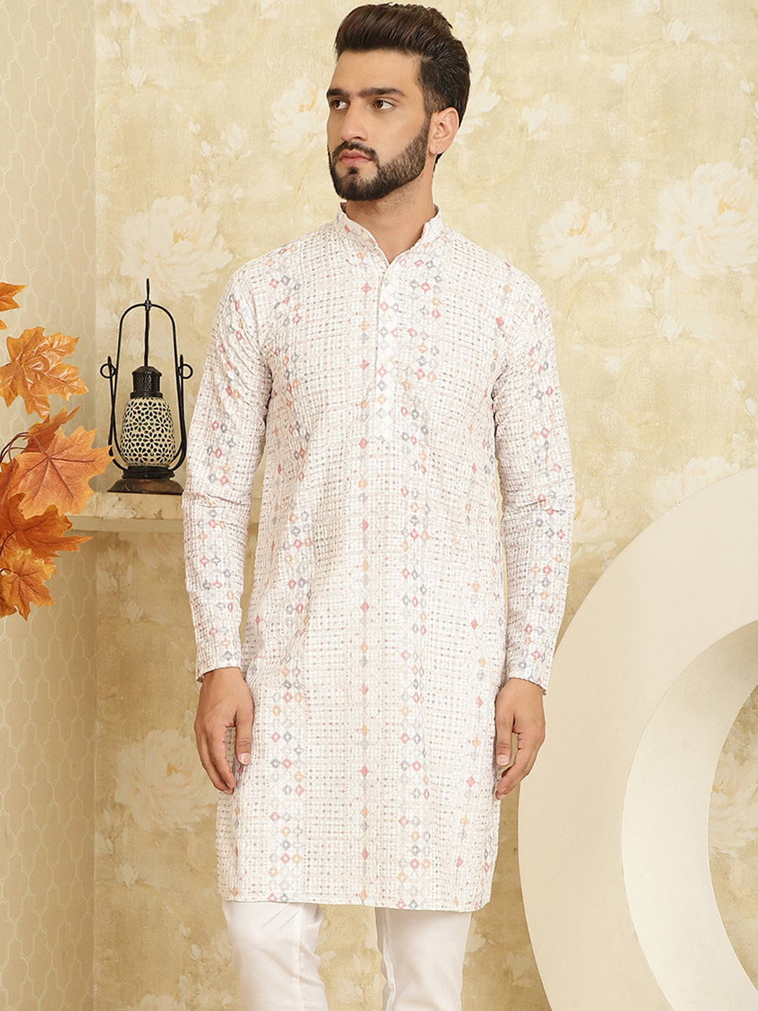 Men's Cotton Embroidered Printed White Color ONLY Long Kurta