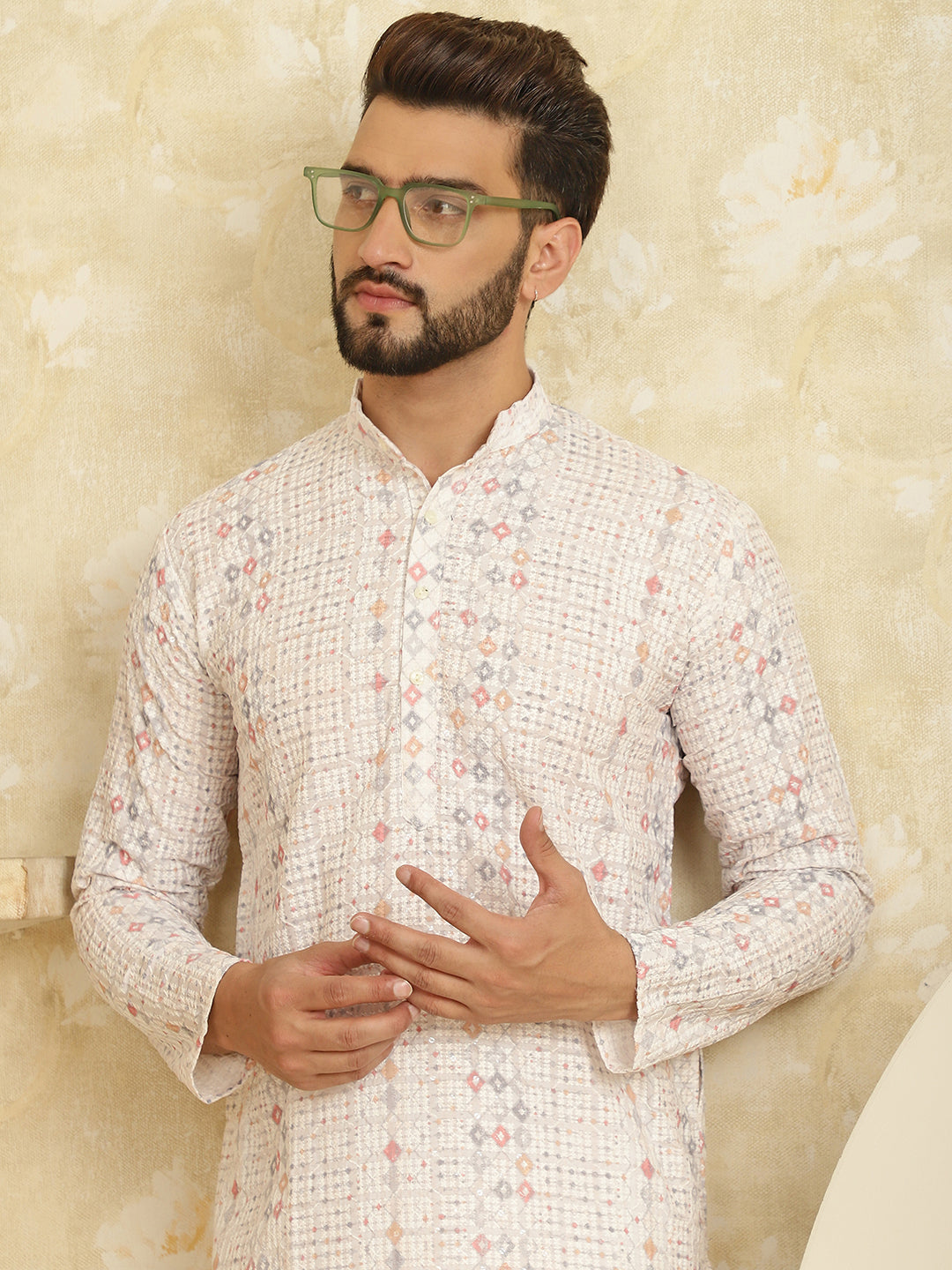 Men's Cotton Embroidered Printed White Color ONLY Long Kurta