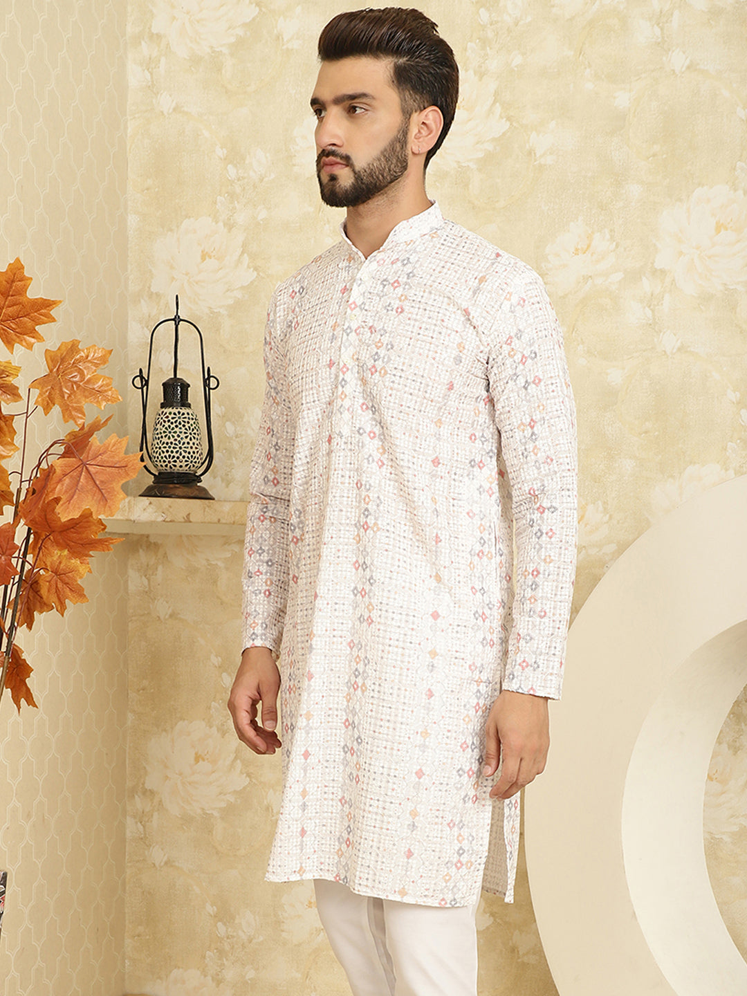 Men's Cotton Embroidered Printed White Color ONLY Long Kurta