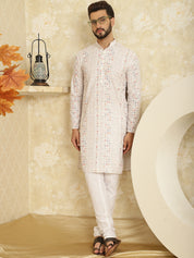 Men's Cotton Embroidered Printed White Kurta With white Pyjama