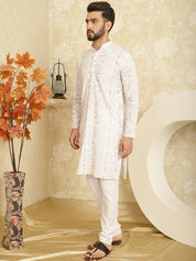 Men's Cotton Embroidered Printed White Kurta With white Pyjama