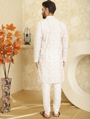 Men's Cotton Embroidered Printed White Kurta With white Pyjama